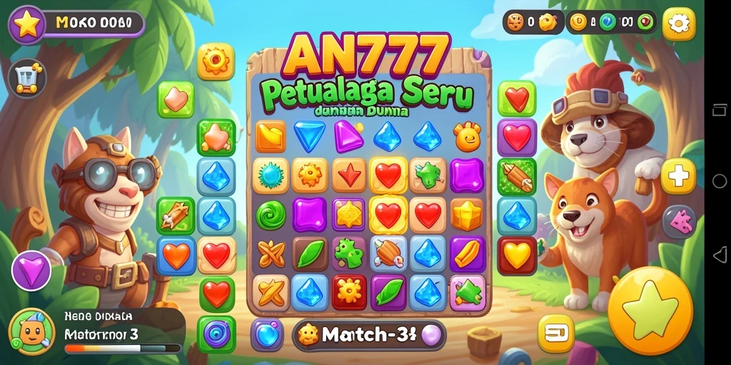 Screenshot gameplay AN777 menampilkan elemen warna-warni yang mencolok dalam tantangan Match-3.