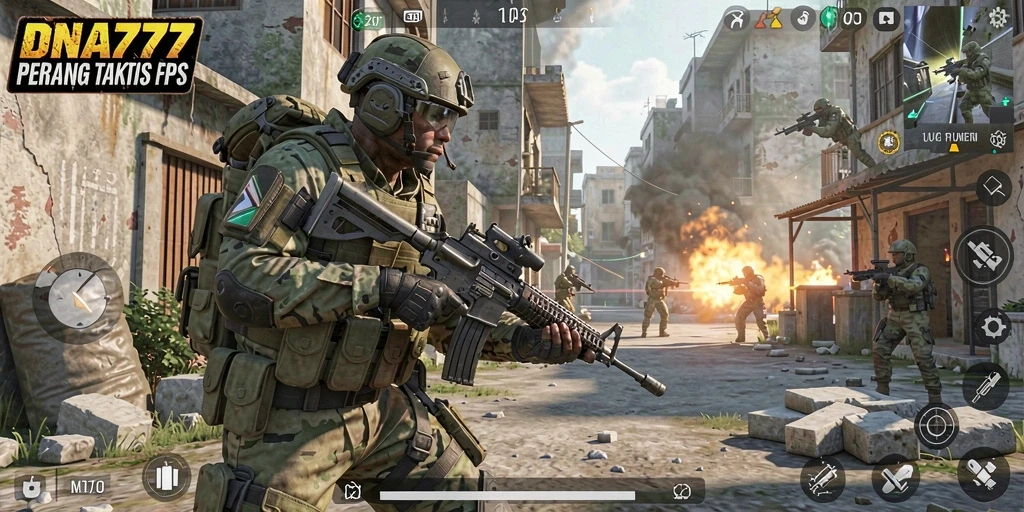 Screenshot menunjukkan aksi seru dalam gameplay FPS DNA777.