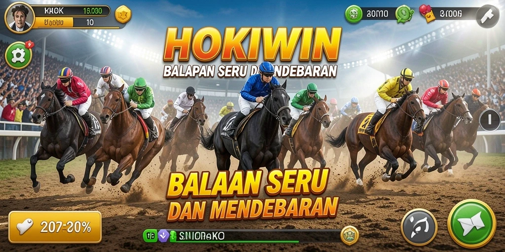 Screenshot gameplay HOKIWIN menampilkan momen balapan mendebarkan.