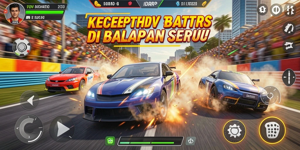 Screenshot menunjukkan momen seru balapan di arena yang megah.