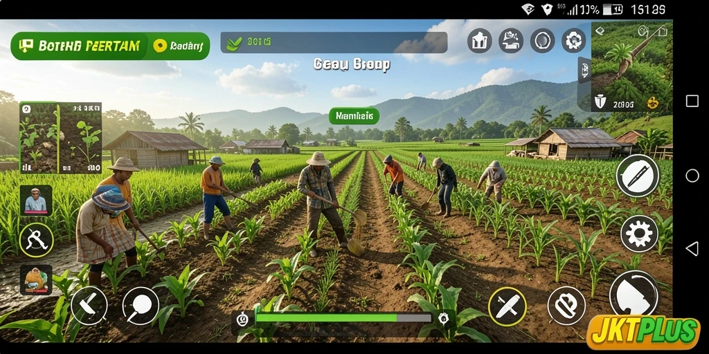 Gameplay seru JKTPLUS dengan kebun yang subur.