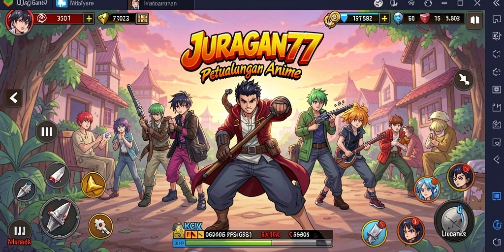 Screenshot utama JURAGAN77 menampilkan karakter anime dalam pertempuran epik.