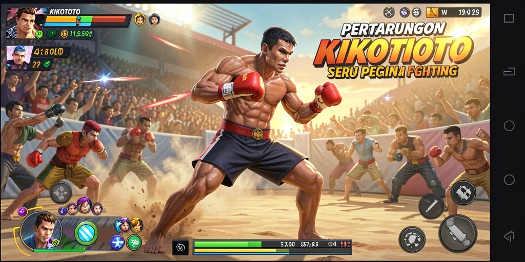 Tangkapan layar KIKOTOTO menampilkan pertarungan epik antara karakter dengan efek visual menarik.