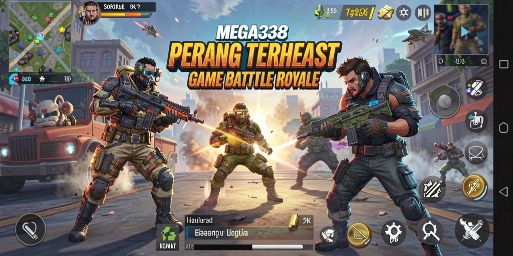 Tampilan gameplay mendebarkan dari MEGA338 dalam pertempuran Battle Royale.