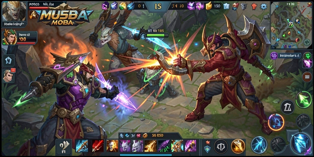 Screenshot utama RP55 menampilkan aksi pertarungan seru di arena MOBA.