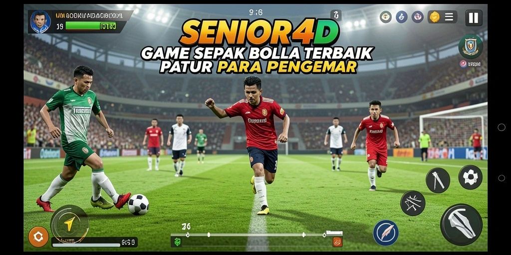 Screenshot gameplay <strong>SENIOR4D</strong> menunjukkan aksi penuh semangat dalam permainan sepak bola.