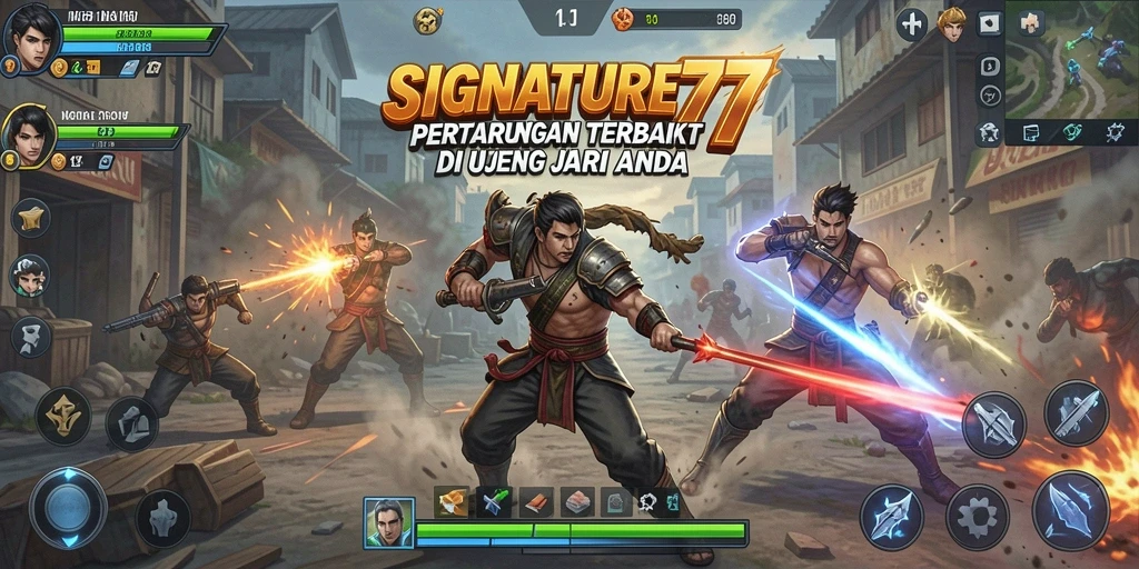 Tampilan gameplay SIGNATURE77 dengan pertarungan yang seru dan karakter unik.