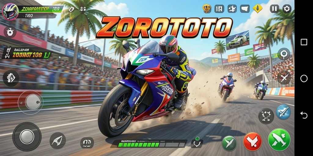 Screenshot gameplay ZOROTOTO menampilkan keseruan balapan motor yang mendebarkan.
